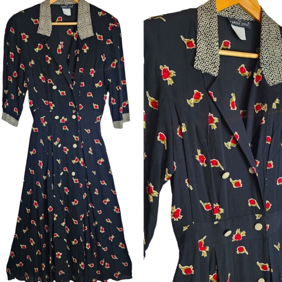 Carole Little Dresses & Skirts - Vintage black and rose print collared midi dress